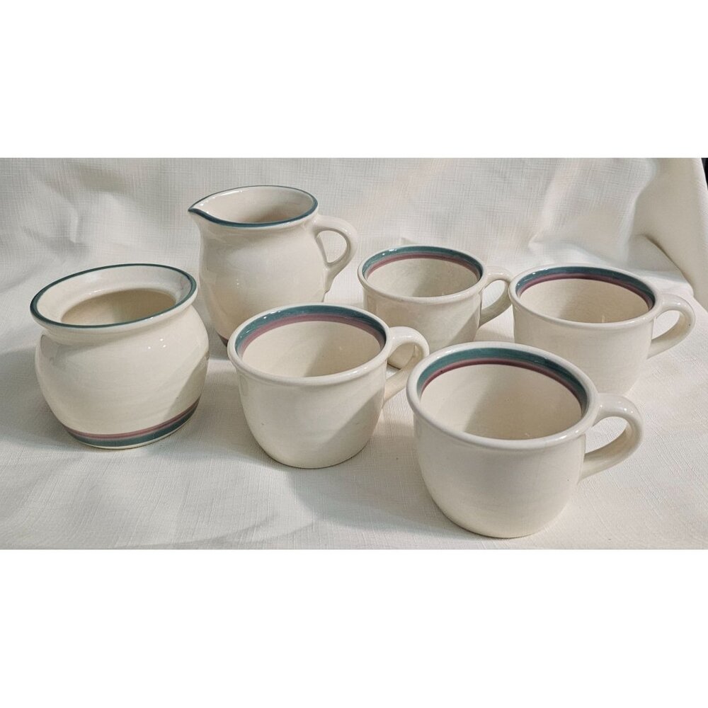 Pfaltzgraff Juniper Pattern Teal & Pink 4 Mugs/Sugar dish/Creamer‎